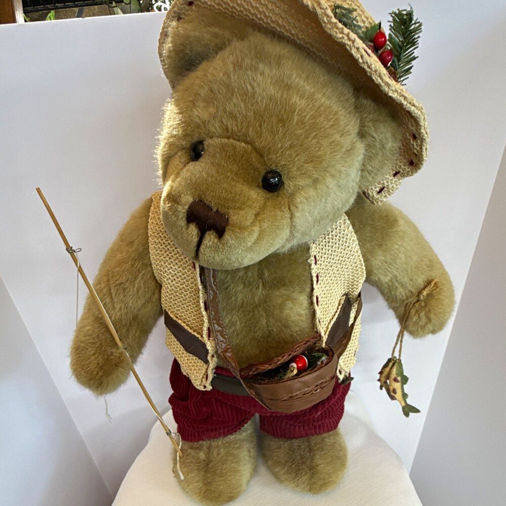 Vintage Fisherman Teddy Bear Plush – Complete with Hat, Vest, Rod & Fish